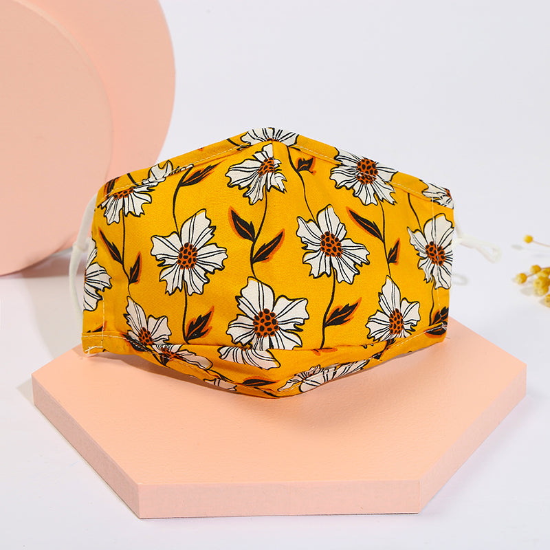 White Flowers Yellow background Face Mask