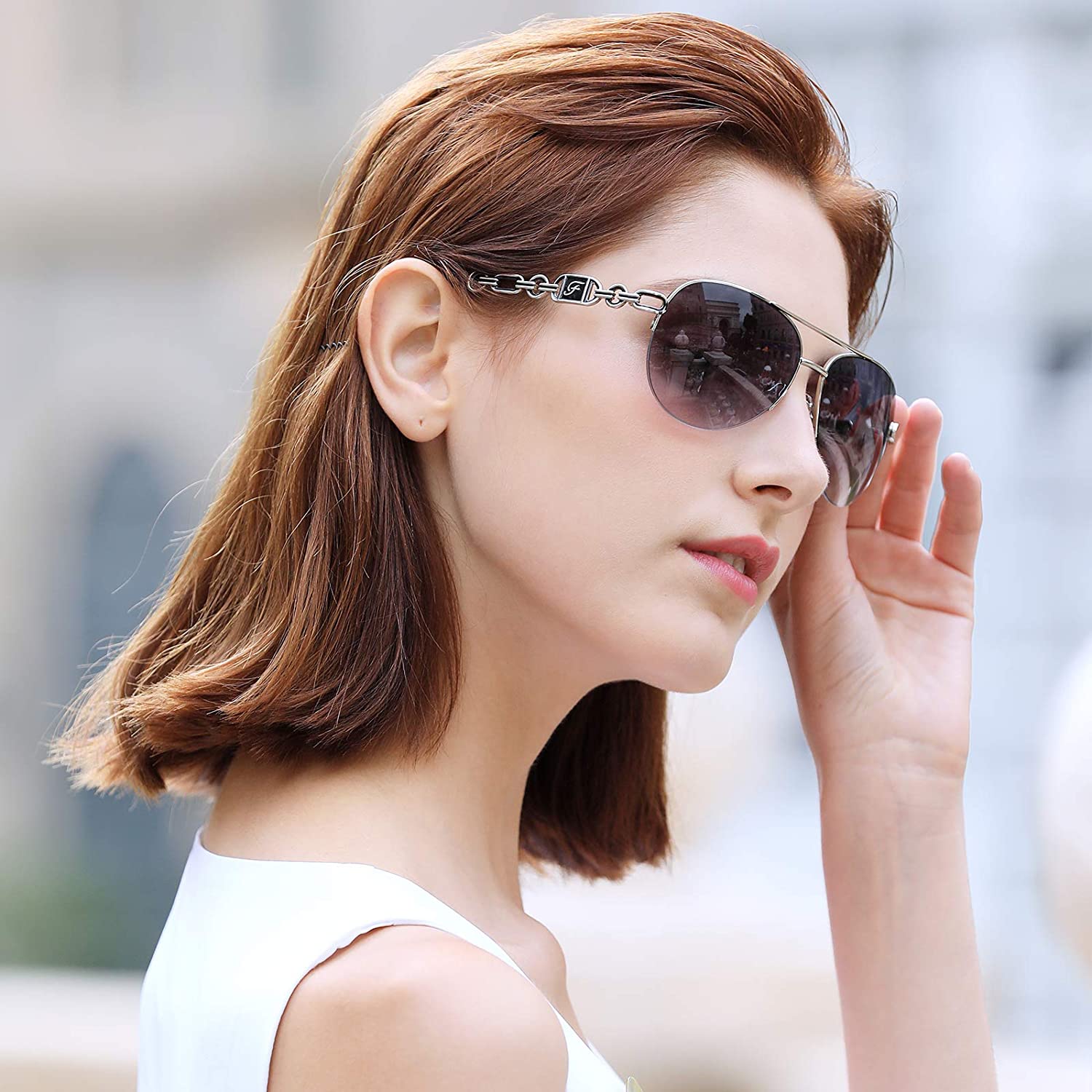 woman wearing bargain beauty's sunglasses 